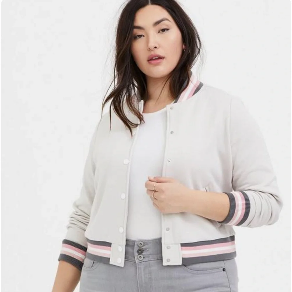 Torrid Ivory & Multi Stripe Trim Fleece Crop Bomber Jacket - Picture 1 of 5